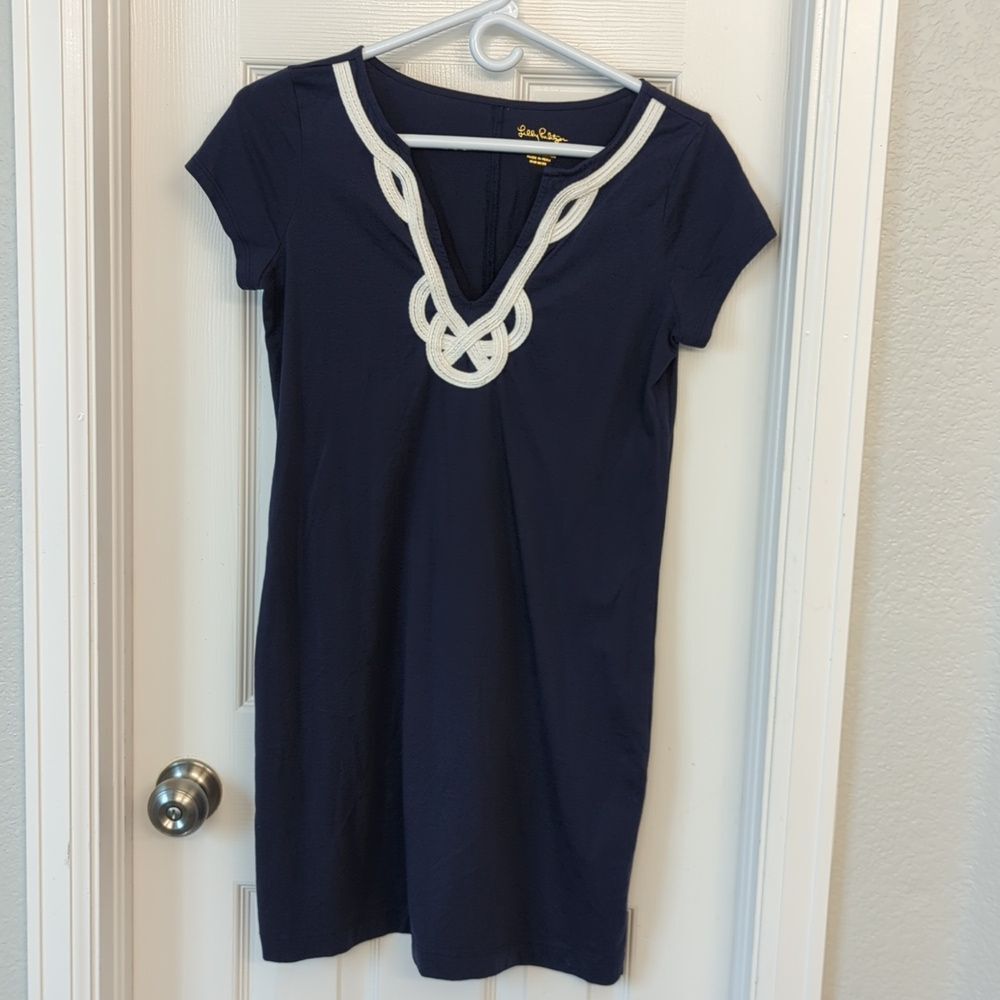 Lilly Pulitzer Brewster Navy V Neck Cotton Soutache Dress Size S